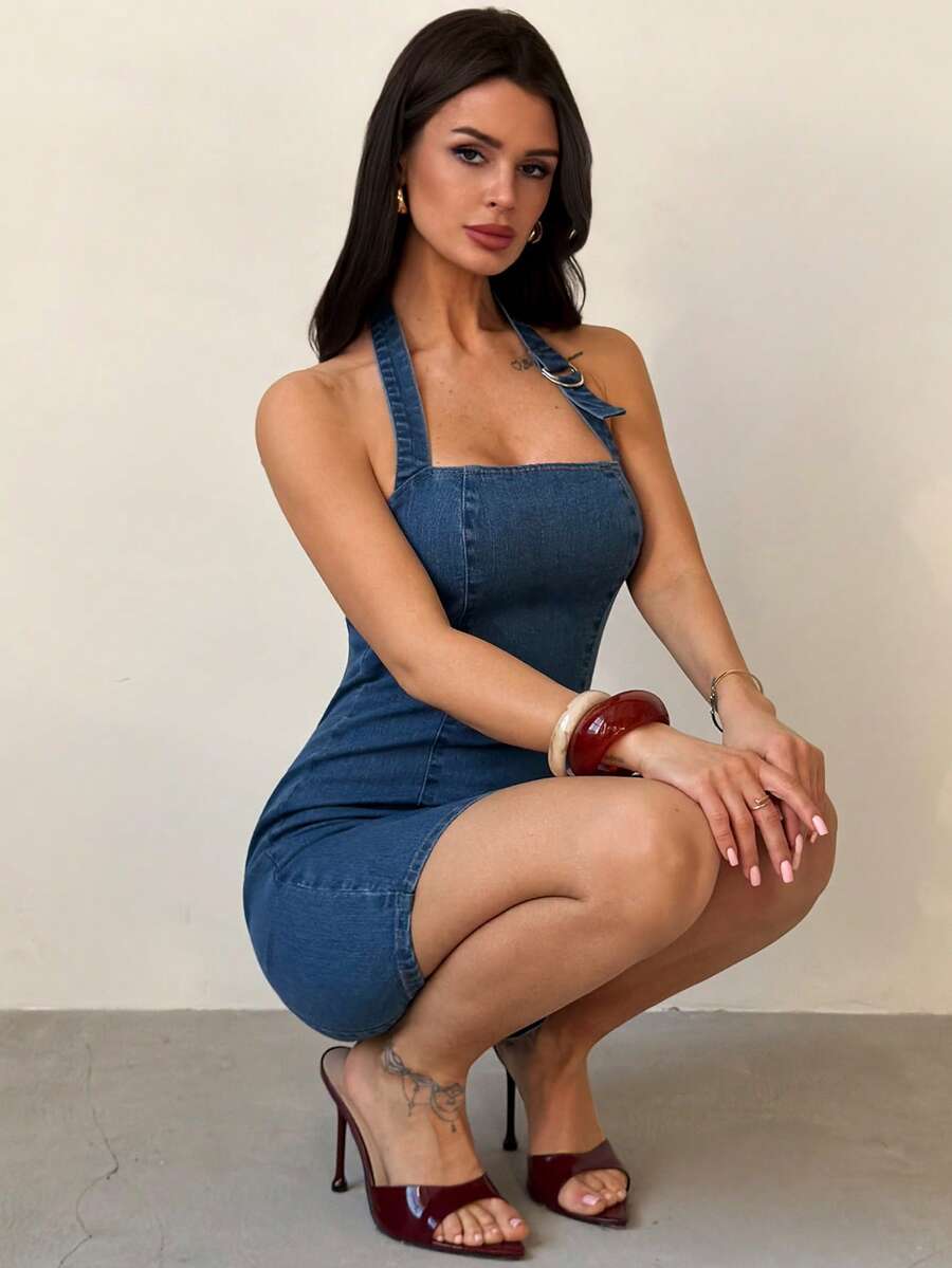 Firerie Women's Fashion Halter Neck Fitted Denim Dress Summer Carnival Costume Commuting Vacation Graduation Chic Y2k Cute Streetwear - Blue - View 1