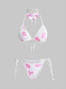 ROMWE Kawaii 性感奶牛印花蝴蝶结文胸和内裤套装，女士诱人内衣，万圣节 - 彩色 - 查看 1