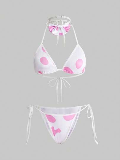 ROMWE Kawaii Sexy Cow Print Bowknot Bralette & Panty Set, Seductive Lingerie For Women, Halloween