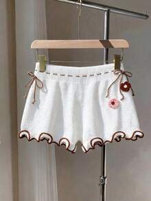 Lyxana Women's 3D Floral Drawstring Knit Shorts, Spring/Summer - White - View 3