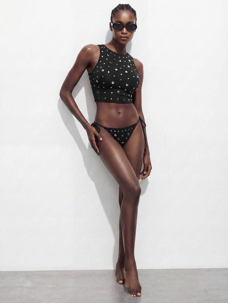 SHEIN Maija 2pcs Women Metal Decor Round Neck Tank Top And Side Tie Bikini Bottom Fashionable Swimwear Set Bikini Set With Studs Black Studded Bikini Women's Studded Swimwear 2 Pieces Studded Swimsuit Women's Swimsuit 2 Pieces Women's Bathing Suit Rhinestone Bikini Rhinestone Bathing Suit Women's Summer Two Pieces Beach Vacation Outfits For Women