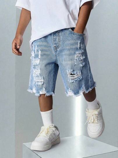 SHEIN Young Boy New Fashion Distressed Casual Basic Ripped Frayed Loose Fit Blue Denim Jeans Shorts Spring Summer,For Kids Boys Spring/Summer Dailywear Outfits,Boys Streetwear Outfits,Beach Vacation Outfits For Boys,Boys Summer Boho Outfits,Casual Clothes For Boys ,Graphic Jeans Boys,Toddler Short,4-Year-Old Boys Short,Summer Short,Casual Short