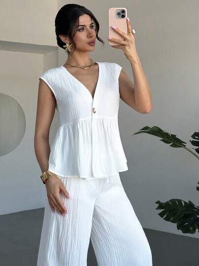 Firerie 女士纯色简约无袖上衣和裤子两件套，休闲日常穿着