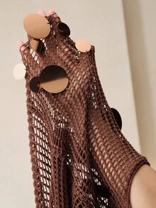 Anewsta Women's Elegant Handmade Mesh Knit Beaded Top - Coffee Brown - View 8