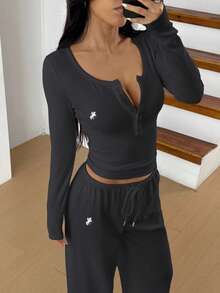 SHEIN EZwear 女士针织长袖上衣和裤子休闲套装（2件套） - 深灰色 - 查看 7