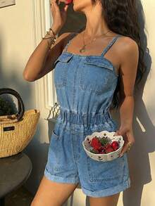 Sunnyshic Women's Summer Multi-Pocket Washed Denim Jumpsuit - Light Wash - View 3