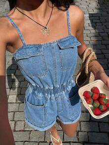 Sunnyshic Women's Summer Multi-Pocket Washed Denim Jumpsuit - Light Wash - View 1