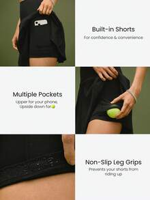 GLOWMODE Ace Every Move Tummy Control 2.0 Quick-Dry Sun Protection Built-In Shorts Non-Slip Grips Tennis Mini Skirt Tennis Golf Pickleball Daily Casual Wear - Black - View 5