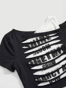 ROMWE Grunge Punk Áo thun nữ dáng ôm, thiết kế lệch vai, in chữ, kiểu dáng gợi cảm phong cách Y2K. - Đen và trắng - Xem 3