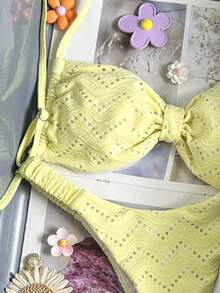 Swim Mod 女士提花面料吊带比基尼套装，适合春夏度假 - 黃色 - 查看 2