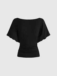 ROMWE Plus Size Y2K Women's Sexy Batwing Sleeve T-Shirt With Cross Rivet Design - Black - View 2