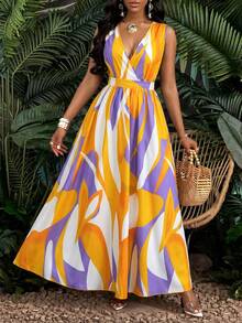 SOLERSUN 热带印花V领腰部针织修身喇叭连衣裙长款女装 - 黃色 - 查看 6