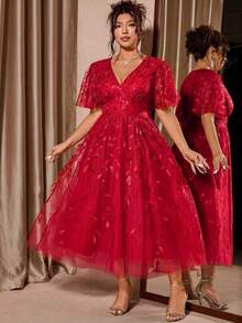 Allurite Plus Size Elegant V-Neck Mesh Sequin Ruffle Hem Party Dress, Red - Red - View 9