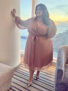 Enliva Vestido De Talla Grande Con Cuello En V, Manga De Linterna Y Cinturón - Rosa vieja - Ver 6