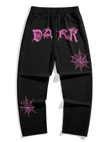 Manfinity EMRG Pantalones de chándal holgados para hombres con estampado de letras, cintura con cordón y bolsillos en diagonal - Negro - Ver 3