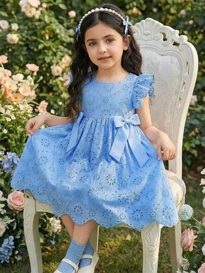 Spring/Summer Navy Blue Hollow Polka Dot Girls' Square Collar Short Puff Sleeve Cinched Waist Flared Skirt Butterfly Decor Princess Style Dress (Casual Outing / Birthday Party / School Outfit), Bowknot Decor On Both Sides, A-Line Dress