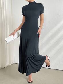 Modelyn 女士简约纯色立领短袖连衣裙，夏季常规尺码女装，女士正装，优雅经典女装，正式长款休闲连衣裙，高品质连衣裙 - 灰色 - 查看 6