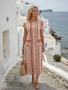 Faunlyn Women's Vacation Geometric Print Round Neck Batwing Short Sleeve Dress - Red - View 4