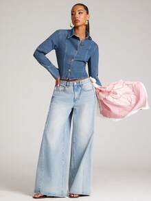 NYA SZN Women's Casual Washed Front Button Long Sleeve Fitted Denim Blouse, Autumn - Dark Wash - View 4