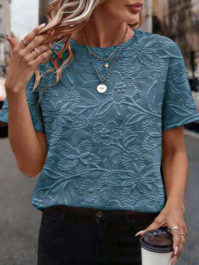 EMERY ROSE 女士仿碎花圆领上衣，舒适休闲短袖T恤，适合日常穿着