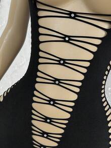 SHEIN Jeanoir Women's Sexy Striped Hollow Out Rhinestone Jumpsuit - Black - View 5