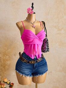 Femesol Women's Stretchy Mesh V-Neck Camisole Top - Hot Pink - View 6