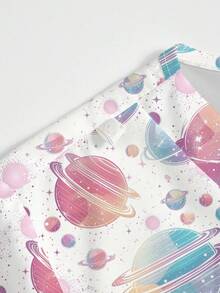 PopScrub Colorful Cosmic Planet Cartoon All-Over Print Nurse Uniform Top, V-Neck Short Sleeve Scrub Top, Nursing Uniform For Women, Suitable For Holiday, Vacation And Daily Wear, Spring/Summer - Multicolor - View 5