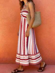 Vaclyn Women's Casual Geometric Print Halter Neck Vacation Dress - Red - View 5