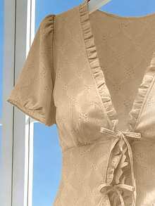 Franclia Áo kiểu nữ mùa hè 2026 mới, cổ chữ V sâu, thắt nơ phía trước, tay ngắn, chất liệu vải dệt, gợi cảm và lãng mạn, phong cách millennials, thích hợp cho các bữa tiệc. - Màu Khaki - Xem 5