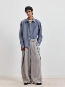 TOKVUE Pantalon gris pour hommes, pantalon à taille haute plissé à jambe droite et large, accessoire de décoration de taille, pantalon large à la mode et polyvalent pour hommes, pantalon gris, pantalon taille haute, pantalon ample pour hommes - Gris - Voir 4