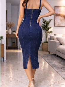 Vestido largo de mezclilla tipo lápiz - Azul Marino - Ver 2