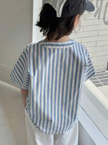 DAZY Áo sơ mi ngắn tay kẻ sọc dáng suông cho bé trai, thích hợp mặc mùa xuân hè. - Màu xanh lam - Xem 3