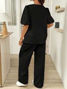 SHEIN Maternity Simple Solid Color Short Sleeve Top And Pants 2 Pieces Set - Black - View 2
