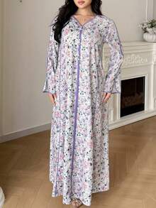 Al Najma Plus Size Women Elegant Floral Print Split Sleeve Arabic Style Dress - Multicolor - View 7