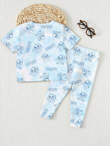 SHEIN 两件套可爱卡通蓝色兔子露露和史迪奇印花扎染海洋蓝，少女休闲简约圆领短袖T恤和打底裤套装，适合春夏日常、街头风、度假穿着。 - 彩色 - 查看 3