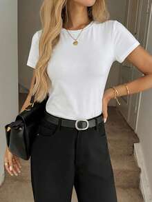 SHEIN LUNE Crew Neck All-Match Solid White Fitted Short Sleeve T-Shirt, Suitable For Spring/Summer,Summer Top - White - View 6