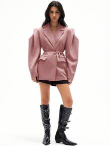 Aveloria GENKIRA Loose Fit Casual Commuter Versatile Extra Wide Silhouette Drawstring Decor Solid Color Blazer - Pink - View 6