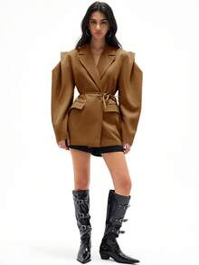 GENKIRA Áo blazer dáng rộng, thoải mái, đa năng, phù hợp đi làm, vai rộng, có dây rút trang trí, màu trơn. - màu nâu - Xem 6