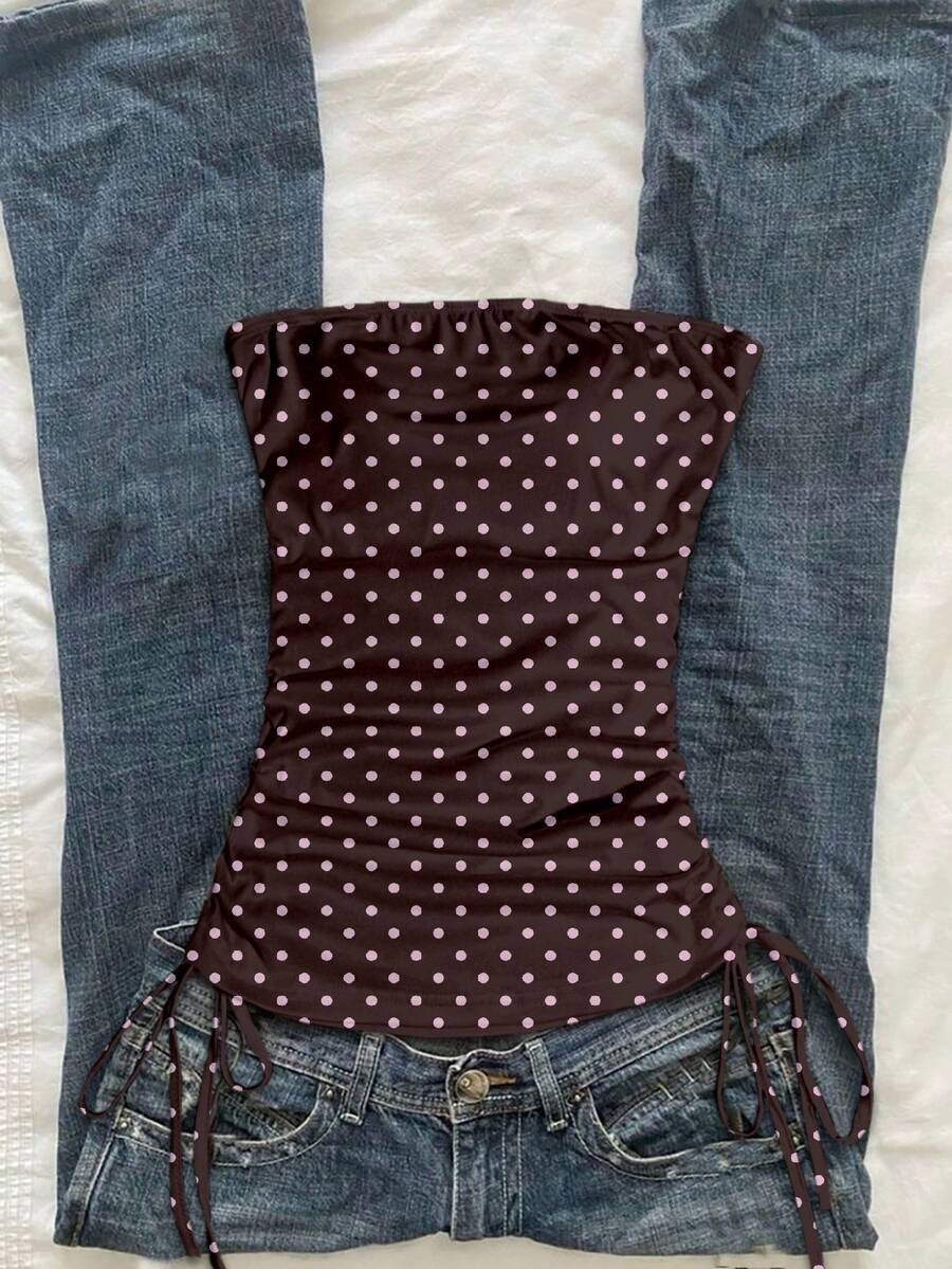 SHEIN EZwear 女款休閒抽繩綁結短版抹胸上衣,波點印花,夏季上衣 - 鏽棕色 - 查看 1
