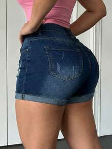 SHEIN SXY 女士休闲水洗做旧牛仔短裤，夏季 - 藍色 - 查看 2