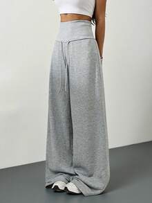 SHEIN Tall Quần nỉ dài màu xám, cạp chun, dáng rộng, thích hợp mặc đi học lại vào mùa đông, lễ tốt nghiệp, trang phục giáo viên cho nữ, quần áo mùa thu cho nữ đi học. - Xám - Xem 2