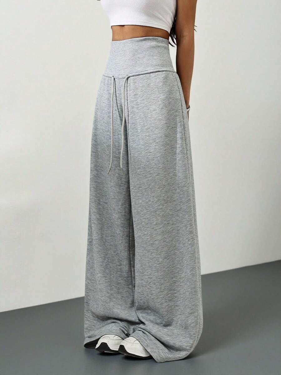 SHEIN Tall Quần nỉ dài màu xám, cạp chun, dáng rộng, thích hợp mặc đi học lại vào mùa đông, lễ tốt nghiệp, trang phục giáo viên cho nữ, quần áo mùa thu cho nữ đi học.