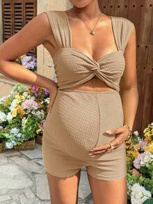 SHEIN Bộ áo liền quần bầu không tay cổ trái tim khoét xoắn dáng rộng, kiểu dáng thường ngày. - Màu Khaki - Xem 4