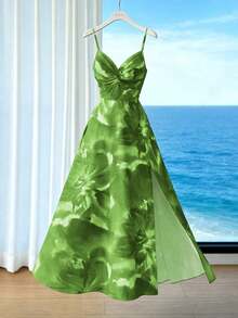 Elenzga 新款编织花卉面料细肩带可调节胸部扭结设计露背开衩下摆收腰优雅度假约会连衣裙，女士 - 薄荷綠 - 查看 3