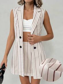 Elyressa 女士条纹亚麻质感双排扣马甲半裙套装，魅力优雅日常通勤度假时尚法式街头复古百搭商务假日杏棕色条纹马甲外套半裙春夏套装两件套 - 彩色 - 查看 9