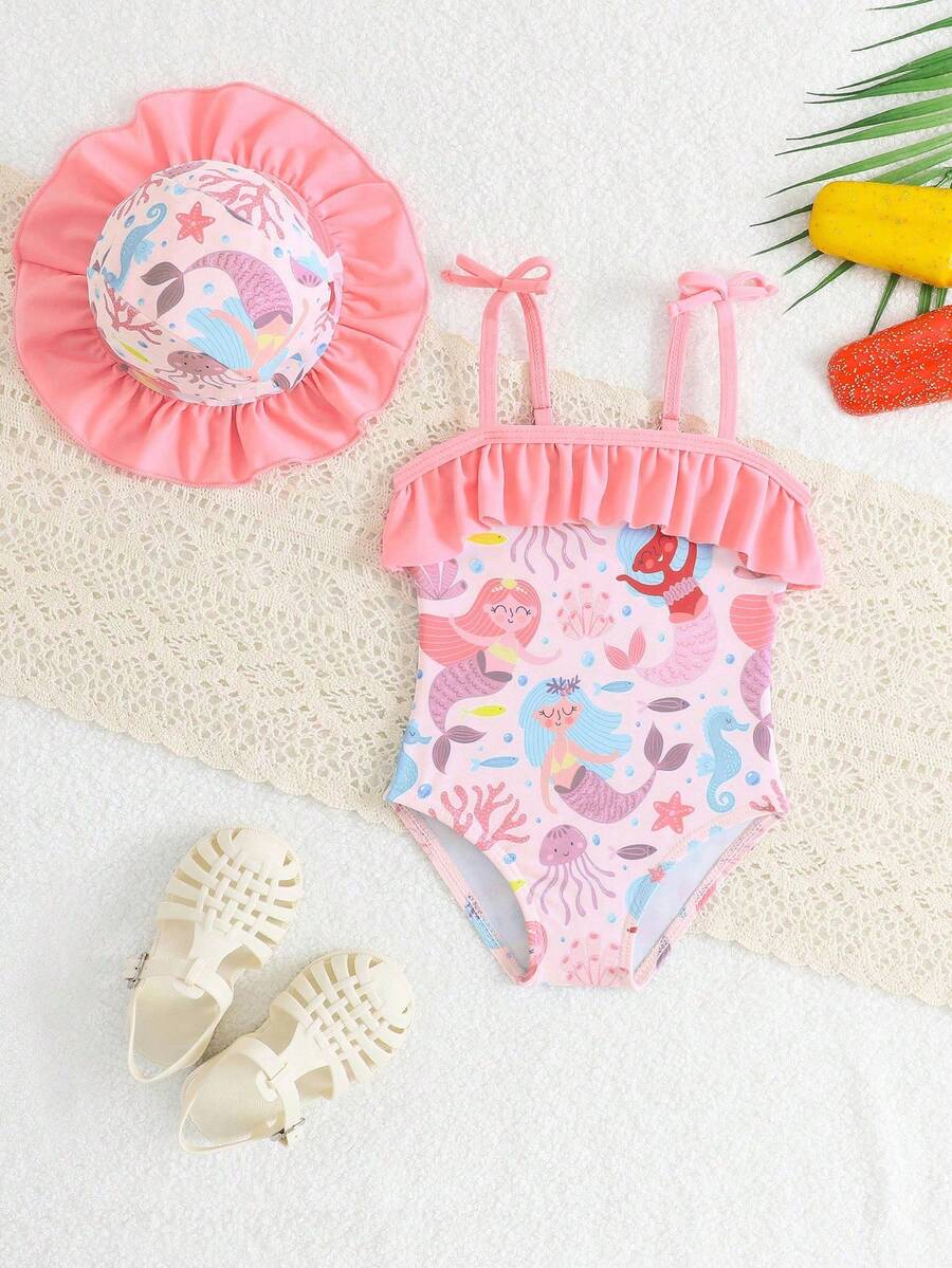 新生女童连体泳衣，细肩带蝴蝶结装饰泳衣，针织涤纶数码印花蝴蝶结图案泳衣，附赠帽子，可爱海边泳衣，适合新生女童 - 淺粉色 - 查看 1
