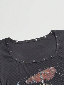 ROMWE Avant 女士复古坏女孩男女通用街头休闲星星铆钉印花收腰T恤 - 灰色 - 查看 3