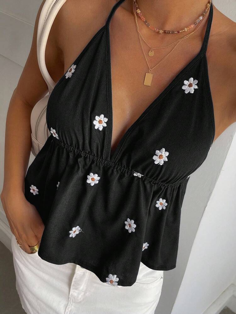 Women's Summer Vacation Floral Embroidery All-Over Print Spaghetti Strap Casual Tank Top Crop Tops Women