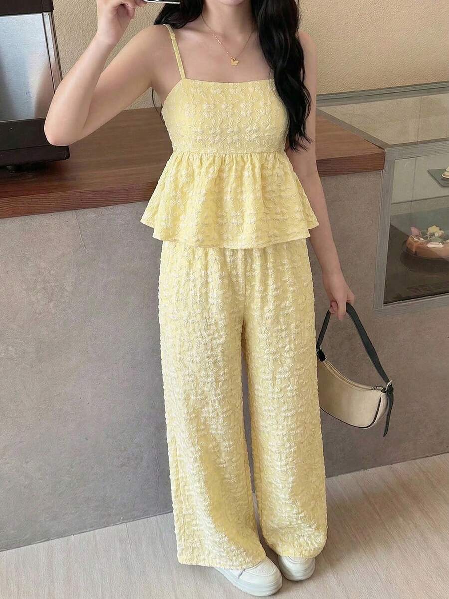 SHEIN Teen Girls' Casual Vacation Textured Cream Yellow Camisole And Pants Set, Summer - Yellow - View 1