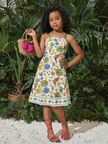 SHEIN 少女碎花吊带露背镂空连衣裙，饰有蝴蝶结 - 綠色 - 查看 9